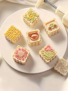 1-Set DIY Moon Cake Mold Kit - 50g Square Floral & Animal Shapes, Easy-To-Use Hand Press For Decorative Pastries, Perfect For & Baking Enthusiasts - Durable Plastic Kitchen Gadget, Cake Decorating Supplies - White - View 1