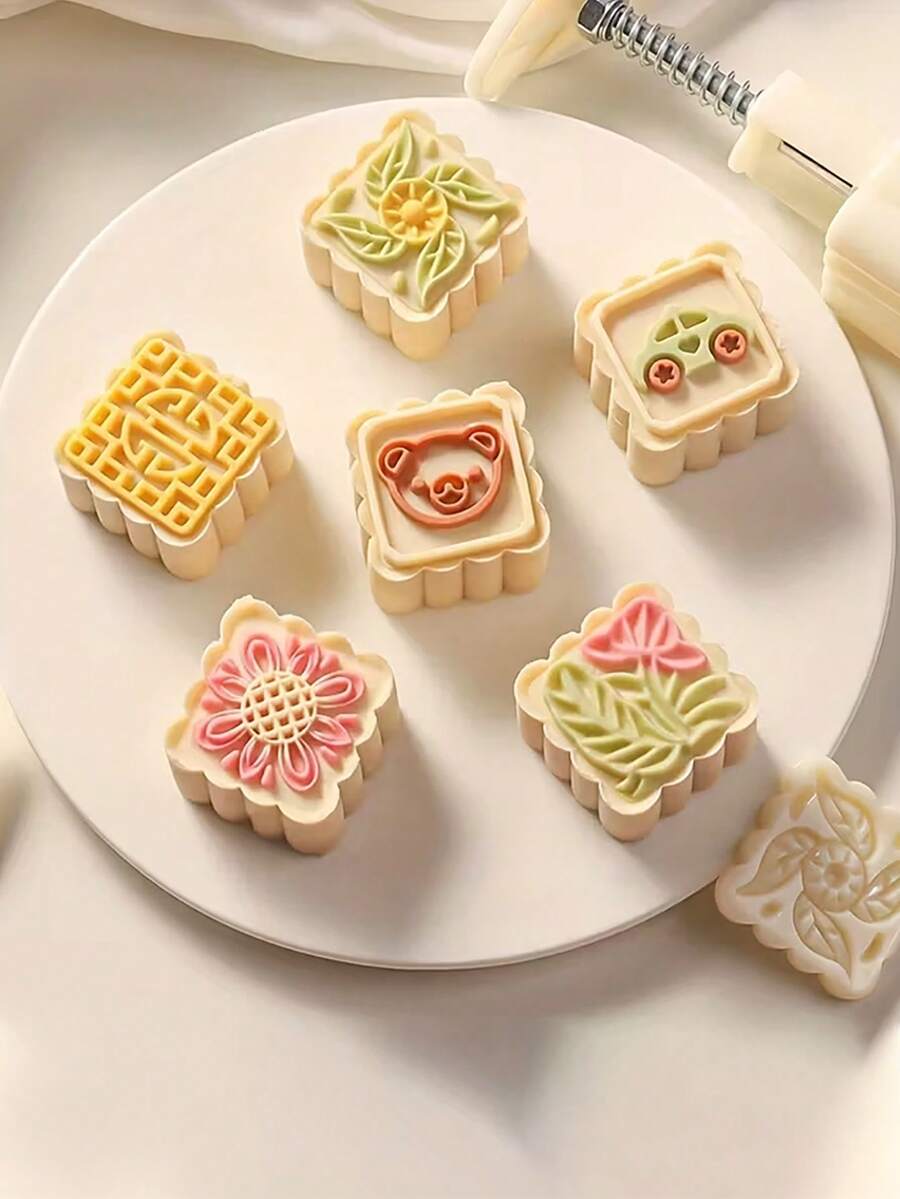 1-Set DIY Moon Cake Mold Kit - 50g Square Floral & Animal Shapes, Easy-To-Use Hand Press For Decorative Pastries, Perfect For & Baking Enthusiasts - Durable Plastic Kitchen Gadget, Cake Decorating Supplies - White - View 1