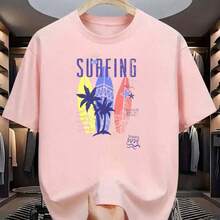 Camiseta Masculina Algodão 100% Estampado Pranchas Surfing Praia Palmeiras Mar Ondas Camisa Casual Viagem Básica - Rosa Bebê - Visão 1