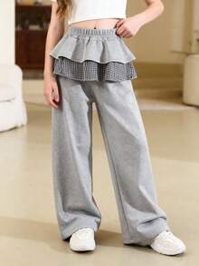 1 件套青少年女孩二合一花卉蕾丝休闲拼布灰色阔腿直筒裤，秋冬