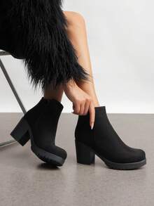 Botines de tobillo con tacón bajo y grueso para mujer, zapatos de invierno - Negro - Ver 2