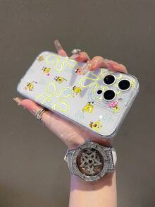 1pc Transparent Space Case With Full Screen Cartoon Line Flower Hamburger Spongebob Pattern Shock-Proof Phone Case Cover Suitable Compatible With Samsung/Apple 17/16/15/14/13/12/11Pro Max/12Pro/14Plus And Other Models - Multicolor - View 4