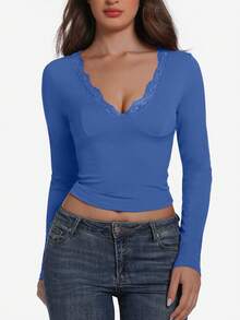 女士时尚性感修身蕾丝边V领短款长袖T恤，Y2K风格 - 寶藍色 - 查看 2