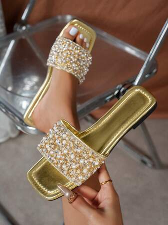 Women's Elegant Basic PU(Polyurethane) Rhinestone Slip-On Slippers, Party & Summer New Arrival