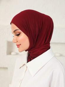 1件装女士经典简约亲肤长边魔术贴两用速戴围巾运动头巾，时尚休闲端庄莫代尔丝滑柔软阿拉伯迪拜土耳其穆斯林纯色运动头巾帽针织帽，适合日常生活、节日、聚会、礼拜、祈祷。 - 酒紅色 - 查看 5