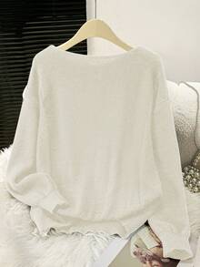 Sylvia 女士简约百搭圆领宽松透气针织套头毛衣，适合日常穿着、通勤、办公、下午茶、旅行等场合。 - 杏色 - 查看 2