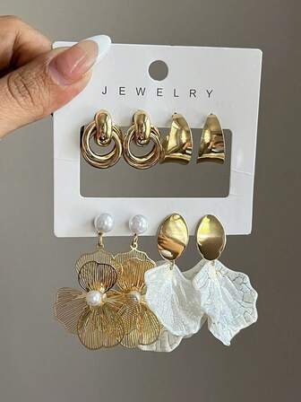 8pcs Fashionable Elegant Vintage Minimalist Asymmetrical Hollow Flower Earring Set, Suitable For Dates, Parties, Balls, Birthdays, Holidays, And Daily Wear