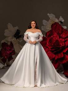 华丽大码露肩开衩大腿缎面撞色蕾丝婚纱 - 白色 - 查看 6