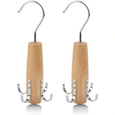 Holz Krawattenhalter 2er Pack – Mehrfachhaken Garderobenhalter 360° Drehbar, 20cm Höhe, für Krawatten/Schals/Schlips (Naturholz)