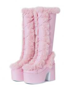 Knee High Boots For Womens Side Zipper Warm Faux Fur Platform Chunky Heel Punk Goth Walking Winter Snow Boots - 粉色 - 查看 3
