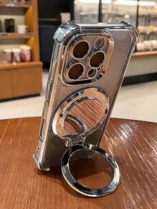 Compatible With IPhone 17 Pro, 16 Pro Max, 15 Pro, 14, 13, 12, 11 Pro Max Plus - Minimalist & Elegant Electroplated Silver Shockproof Phone Case + 1 Foldable Glitter Kickstand Makeup Mirror Phone Holder Set, Suitable For Samsung S25 Ultra, S26, S26 Ultra, A56, A55, A54, A36, A35, A16, A17, A05, A06 Phones, Also Compatible With REDMI, OPPO, HONOR, VIVO Series