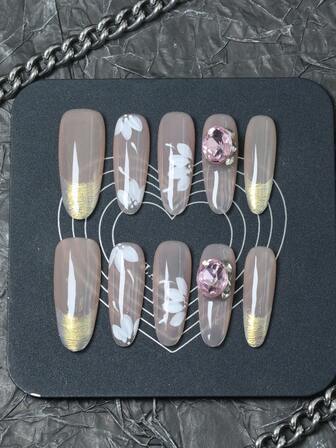 CrystalHola Christmas 10 Handmade Press-On Nails, French Tip, Coffin-Shaped Nails, Nude Nail Surface With Hand-Painted Flowers, Sparkling Gems, Glitter, Full Coverage Design, Removable And Reusable, Durable, Unique Summer Fingertip Art, A Must-Have Fashion Accessory For Parties And Weddings.