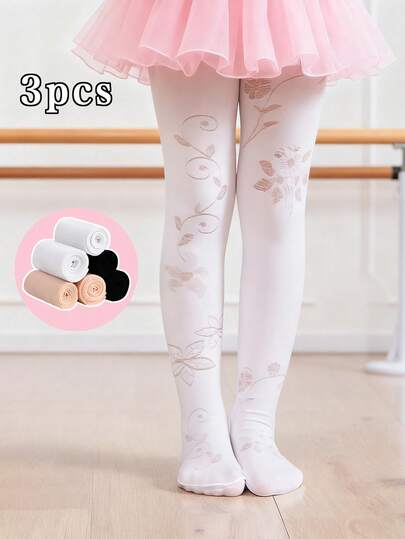 3pcs Black, Beige And White Children's Socks Set, Suitable For Girls' Daily Casual Wear And Dance Wear, Floral Dance Socks, Hot Selling