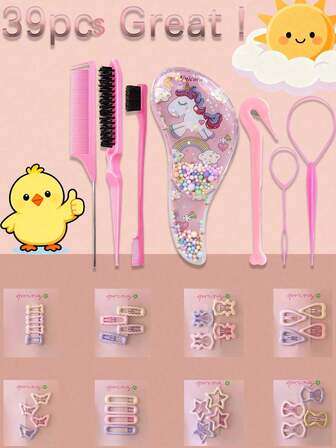 39 件套女孩美发造型套装，包括一把梳子、一把鬃毛刷、一把造型梳、一把头皮按摩梳、一把彩虹独角兽芒果造型梳，以及八种可爱的发夹（共 32 件） - 塑料美发造型工具，适合编辫子和扎马尾辫 - 女孩的理想套装。