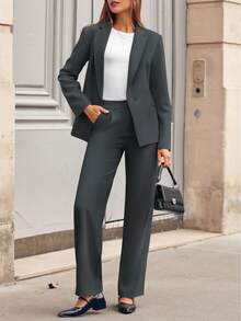 Casly Lamiit Women Plain Long Sleeve Suit Collar Regular Top And Pants Set Elegant Composite Fabric Suit With Pockets - Màu xám đen - Xem 5