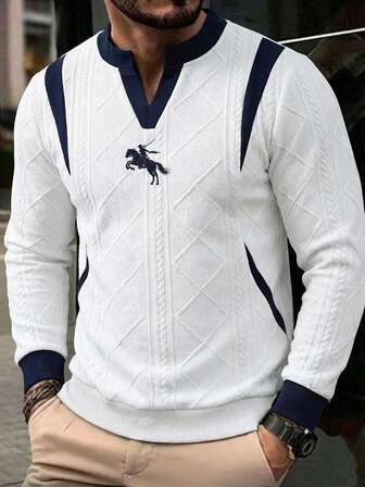 1 pieza Nuevo jersey de hombre con cuello en V con textura de jacquard de diamante, ribete de contraste y bordado de logo ecuestre 3D, simple y versátil