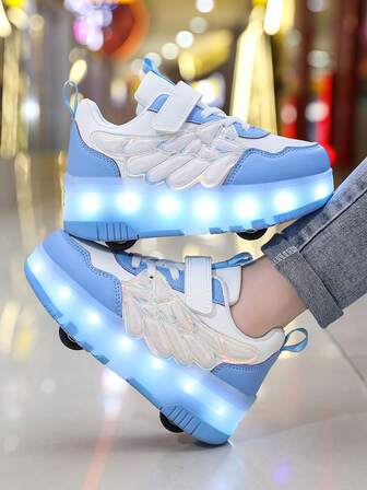 Boys' 4-Wheel Roller Shoes, New Kids' Roller Skate Shoes With Adjustable Hook-And-Loop, PU Leather Lightweight Double Wheels Hidden Roller Shoes Teenagers' All Season LED Light Up Shoes, USB Rechargeable With Switch, Wheels Detachable 2-In-1 Roller Skates & Ice Skates