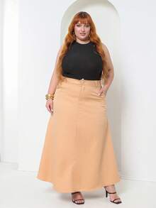 Plus Size Tailored Flared Skirt - Beige - View 3