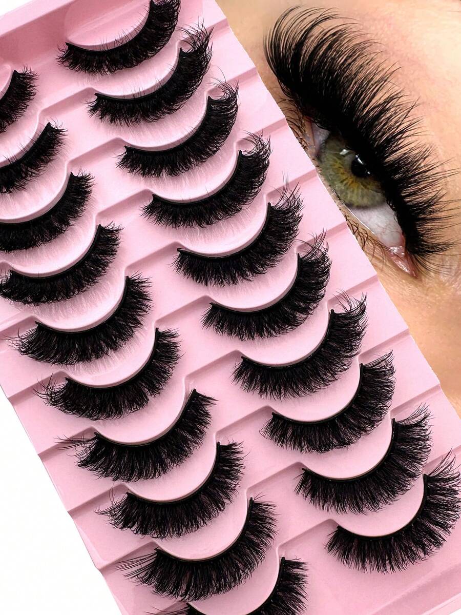 10Pairs Natural Thick Fluffy Volume False Eyelashes Dramatic Messy Mink Lashes Wispy Long 8D Volume Lasting Wispy False Eyelash Strips Foxy Eye Lifting Look Extension Full Eyelash Strip To Lengthen And Volumize The Outer Corner Of Your Eye - 濃密款 - 查看 1