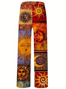 Men's Bohemian Print Full-Body Sun & Moon Design Wide-Leg Pants - Elastic Drawstring Waist & Side Pockets, Loose-Fit Winter Warmth, Vibrant Brown/Orange/Blue/Golden/Black/Red/Beige Tapered Leg Trousers For Casual & Formal Outfits, Machine Washable - Ideal For Home & Wear, Relaxed Fit With Cultural & Bohemian Style, Digital Print Fabric, Suitable For Autumn/Winter Use, Pants For Men, Suit For Men, Men Pants, Baggy Pants Men, Baggy Pants For Men, Trousers For Men, Fall Coat, - 彩色 - 查看 4