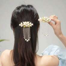 1pc Elegant Retro Style Lily & Tassel Decor Women's Hair Clip, Suitable Hanfu & Qipao, With Flexible Spring, School Stuff, Flower, Vacation Outfits Woman, Hair Accessories - 金色 - 查看 3