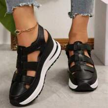Women's Summer Wedge Sandals - Breathable Cross-Strap Design, Thick Platform Sole With EVA/PVC Cushioning, Lightweight Synthetic Fabric, Suitable For Casual To Formal Looks, Fashionable Lace-Up Style, Comfortable Everyday Wear - màu đen - Xem 2