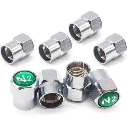 8 piezas de tapas de vástago de válvula de neumático de nitrógeno N2 verdes de cobre con logotipo, cubiertas de prueba para llantas de auto, accesorios plateados