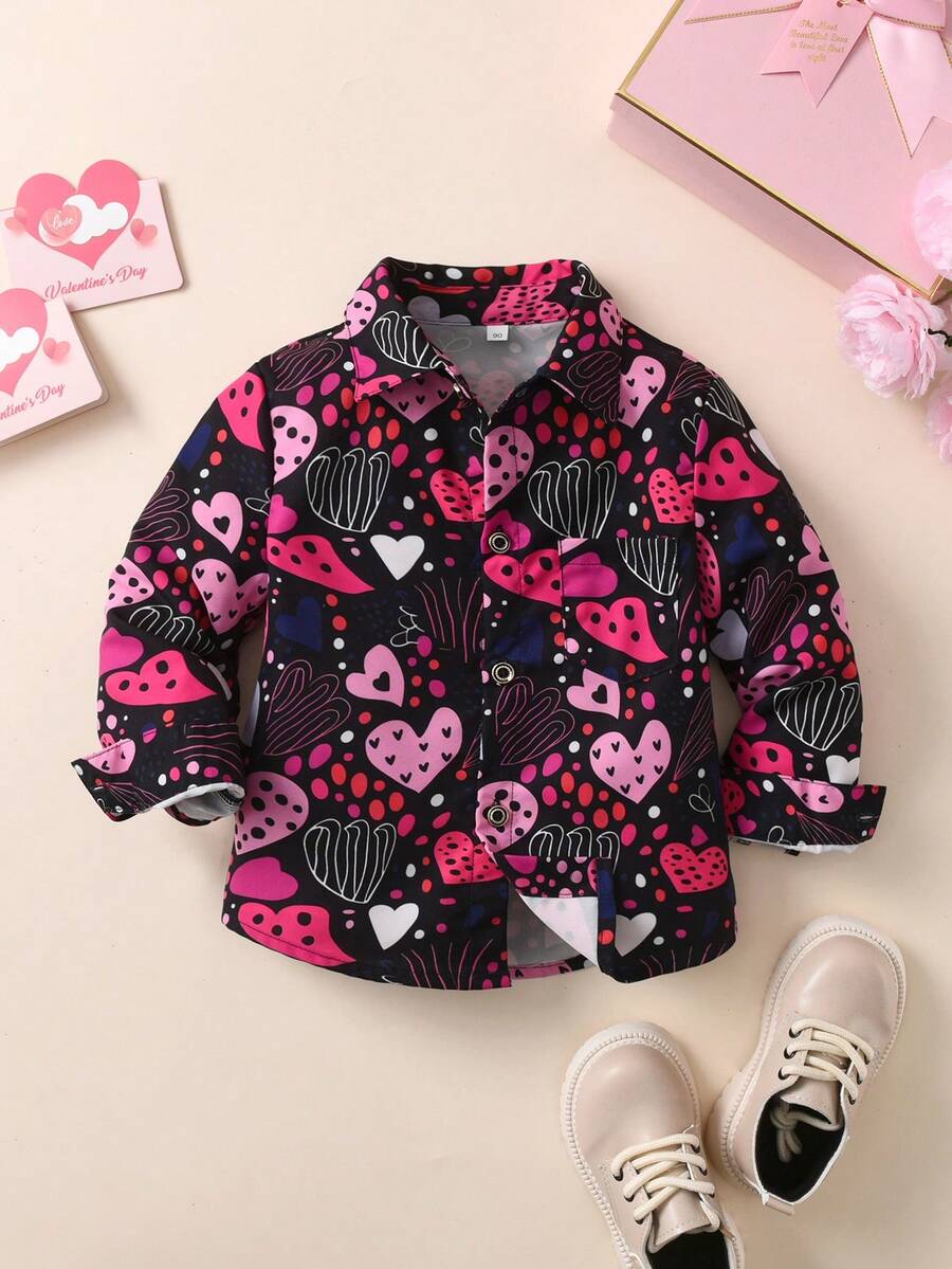 Áo sơ mi cổ tròn in hình trái tim ngày lễ tình nhân cho bé trai, áo khoác cardigan dự tiệc ngày lễ, mùa thu/xuân - màu đen - Xem 1