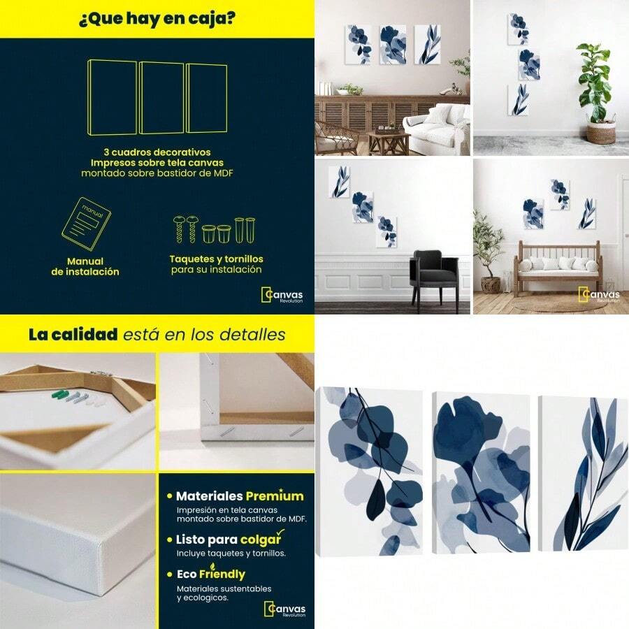 CANVAS REVOLUTION Decorative Canvas Print, Vertical Triptych, Blue Leaves, Various Sizes Available, Interior Decoration, Modern Minimalist Paintings For Living Room, Dining Room, Bedroom, Office, Kitchen. Vertical 40 X 60 Cm - 60Lx40Acm - 查看 1