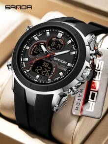 SANDA. SANDA 6279 Men's Quartz Electronic Watch, Large Dial, Calendar, Luminous, Waterproof, Outdoor Sports Digital Watch - Black and White - View 1