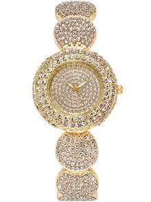 2pcs/Set Fashionable Quartz Watch With Full Rhinestone And Stainless Steel Band, Plus Bracelet For Women As A Gift For Students Returning To School - Gold - View 8