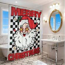 1 件复古红黑格子圣诞老人涤纶浴帘 - 防水防霉，印有“圣诞快乐”字样 - 节日浴室装饰