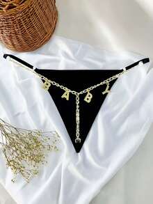 Customized Funny Thong, Gold & Silver Pendant Lettering Customizable Name, Sexy Personalized Thong, Can Customize Any Name, Couple Gift, Christmas Costume, Christmas Gift, Merry Christmas, Customized Christmas Sequin Colorful Lingerie, Gift For Girlfriend, Living Room, Bedroom, Anniversary, Birthday, Holiday, Dog, Colorful, Cute, Charming - Black - View 6