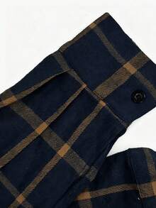 Vestido longo xadrez de manga comprida para mulheres de estatura baixa, com botões e cinto, ideal para uso casual no dia a dia. - Azul marinho - Ver 6