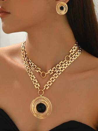 2pcs/Set New Creative Geometric Pattern Personalized Casual European And American Exaggerated Double-Layer Necklace And Earrings Jewelry Set