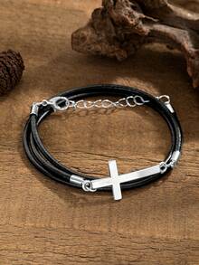 1条可调节多层交叉缠绕手链，PU皮革腕带饰品，适合日常佩戴、通勤、音乐节等场合。 - 彩色 - 查看 2