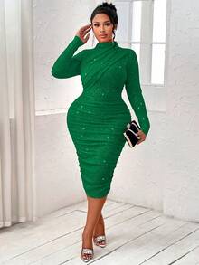 BIUBIU Vestido de fiesta elegante de manga larga y cuello alto con pliegues, talla grande, color verde, para mujeres en primavera - Verde - Ver 3