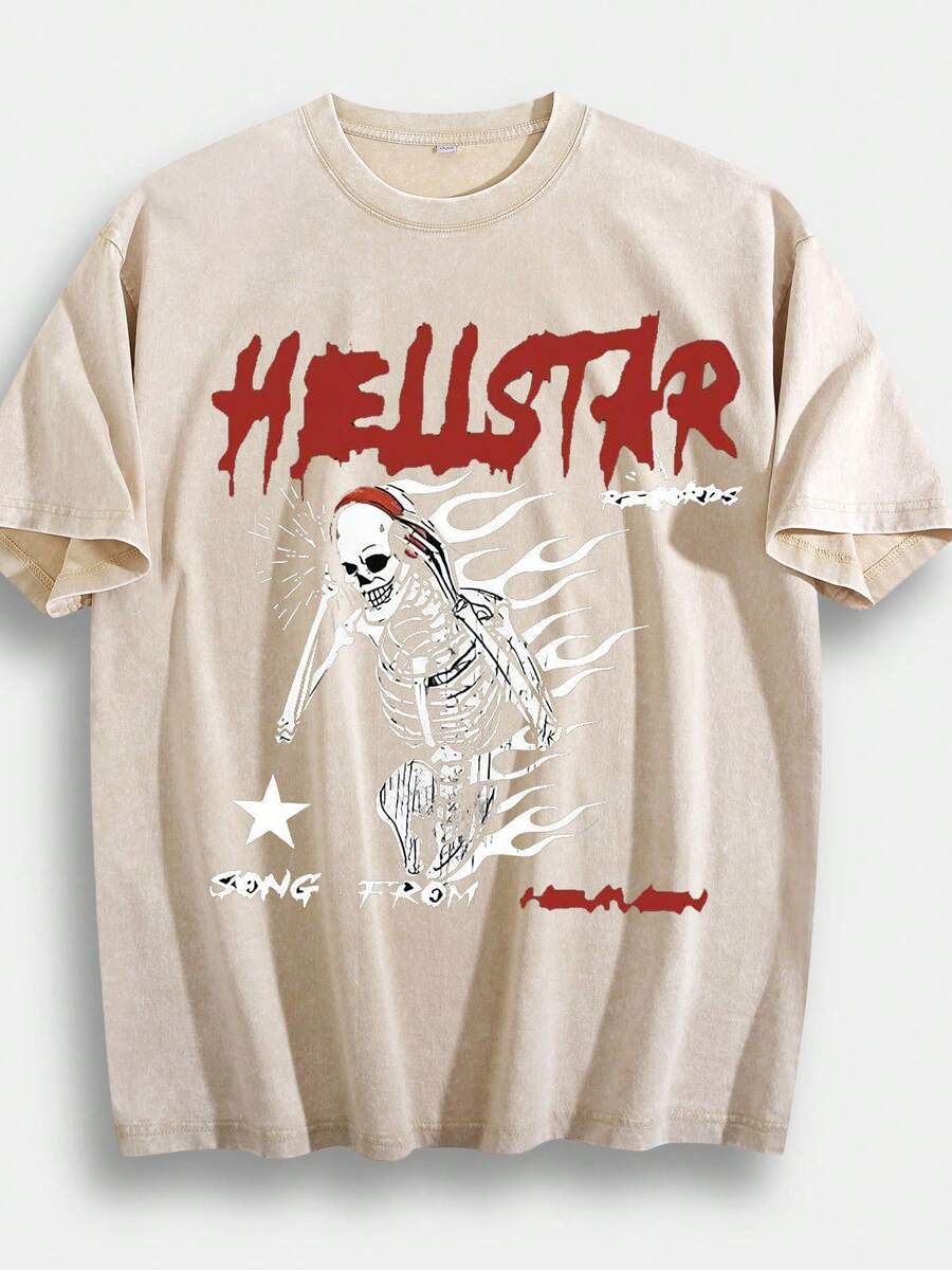 Washed T-Shirt Men'S Retro Skeleton Graphic Tee, Bold Red Dripping Text With Punk Rock Vibe And White Flame-Skull Design On Vibrant Pink Background, Vintage 90S Metal Aesthetic With Star & Song From Heaven Tagline, Nostalgic Short - 杏色 - 查看 1