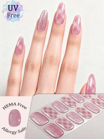16片装UV免胶美甲贴纸，复古甜美粉色格子闪粉美甲贴，甜美粉色格子闪粉设计，沙龙品质，低过敏性，易于粘贴和卸除，适合女士和女孩日常通勤、约会、派对妆容、DIY时尚美甲用品