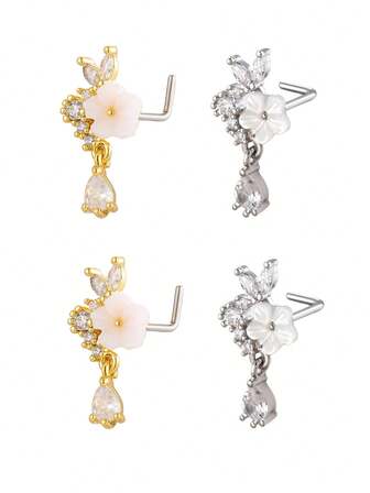 1 pieza Joyería de moda para mujer Anillo de nariz falso Pendiente de cartílago con clip de cristal Pendiente de flor bohemio Anillo de nariz, Pendiente de nariz en forma de L de acero inoxidable