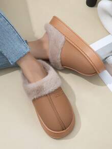 New Women's House Slippers, Flocking Letter Connecting Craft, Long Plush Patchwork Design Fabric Plush Lining EVA Outsole, Warm, Lightweight And Comfortable For Winter