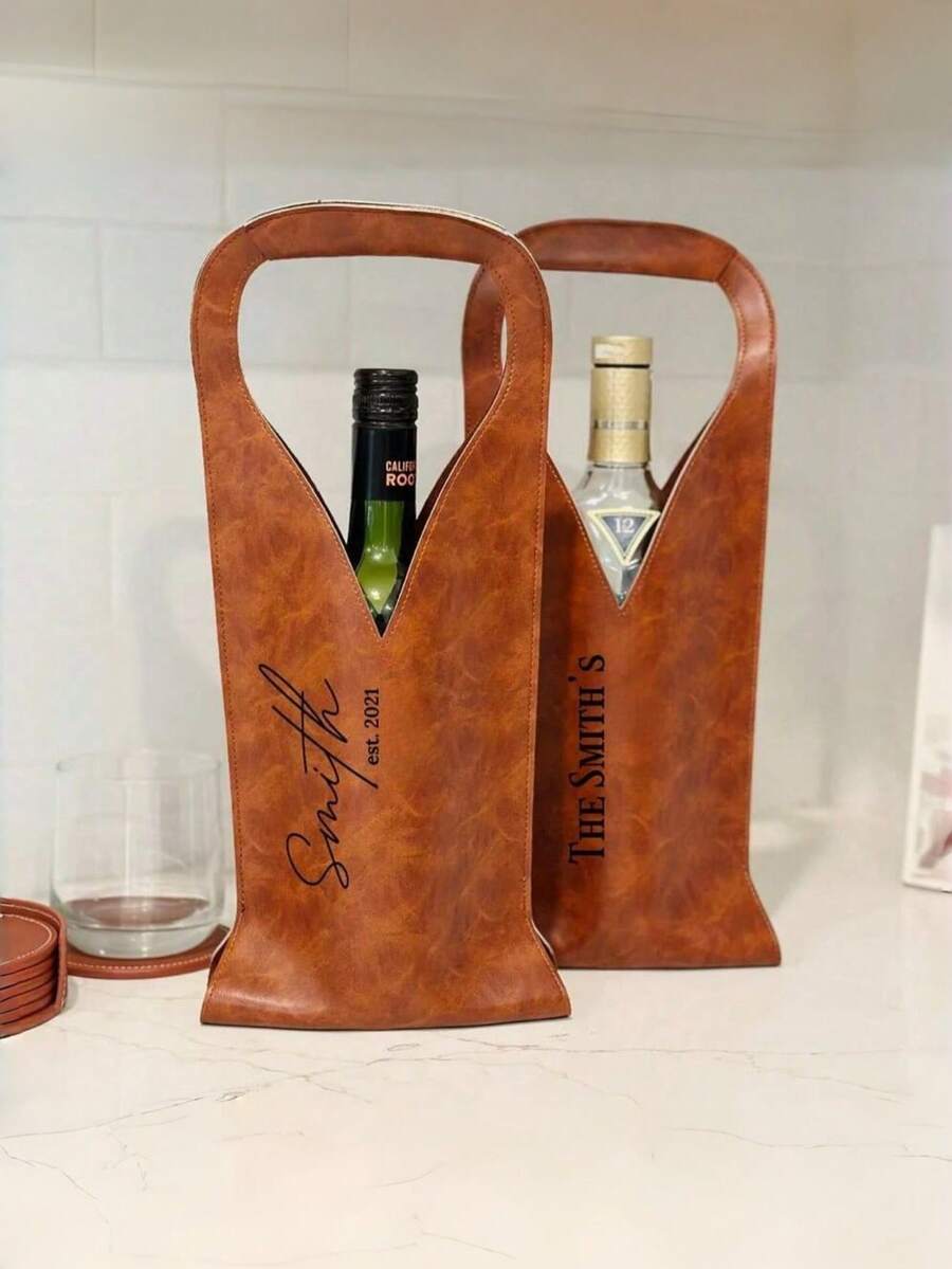 Personalized Leather Gift Bag, Laser Engraved Wine Bag, Wine Accessories, Housewarming Gift - Multicolor - View 1