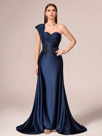 VIPGIRL ชุดราตรียาวหรูหราสำหรับสตรี, มีรายละเอียดหน้าอกจับจีบ, ผ้าถักประดับด้วยเลื่อมตัดกัน