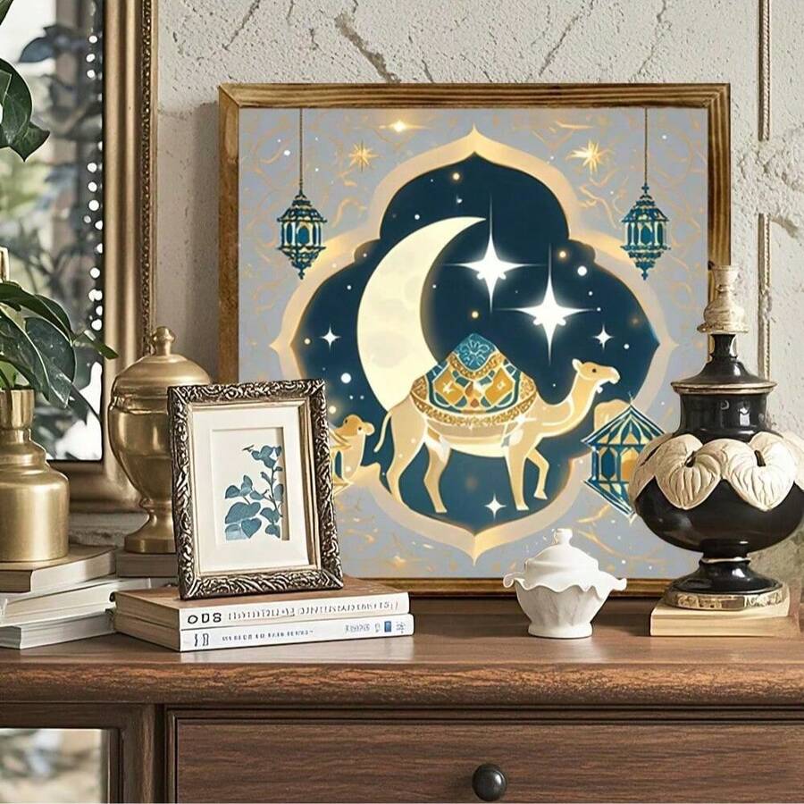 1 Escultura de Parede Estilo Art Déco Lua e Camelo - Decoração Doméstica do Festival da Lua Crescente do Eid, Arte de Parede Inspiradora para Sala de Estar, Quarto, Mesa - Decoração de Parede de Madeira com Padrão de Lanterna de Seis Diamantes de 8 Polegadas