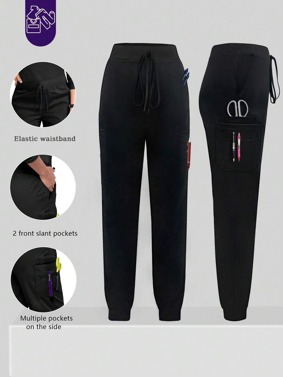 Women's Drawstring Multi-Pocket Scrubs Nurse Scrubs Workwear Dentist Healthcare Pet Hospital Laboratory Pants - màu đen - Xem 1