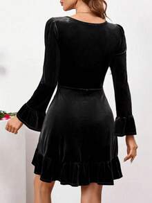 Elegant Velvet A-Line Mini Dress, Ruffle Hem, Long Sleeve, Round Neck, Suitable For Party - Ink Black - View 5