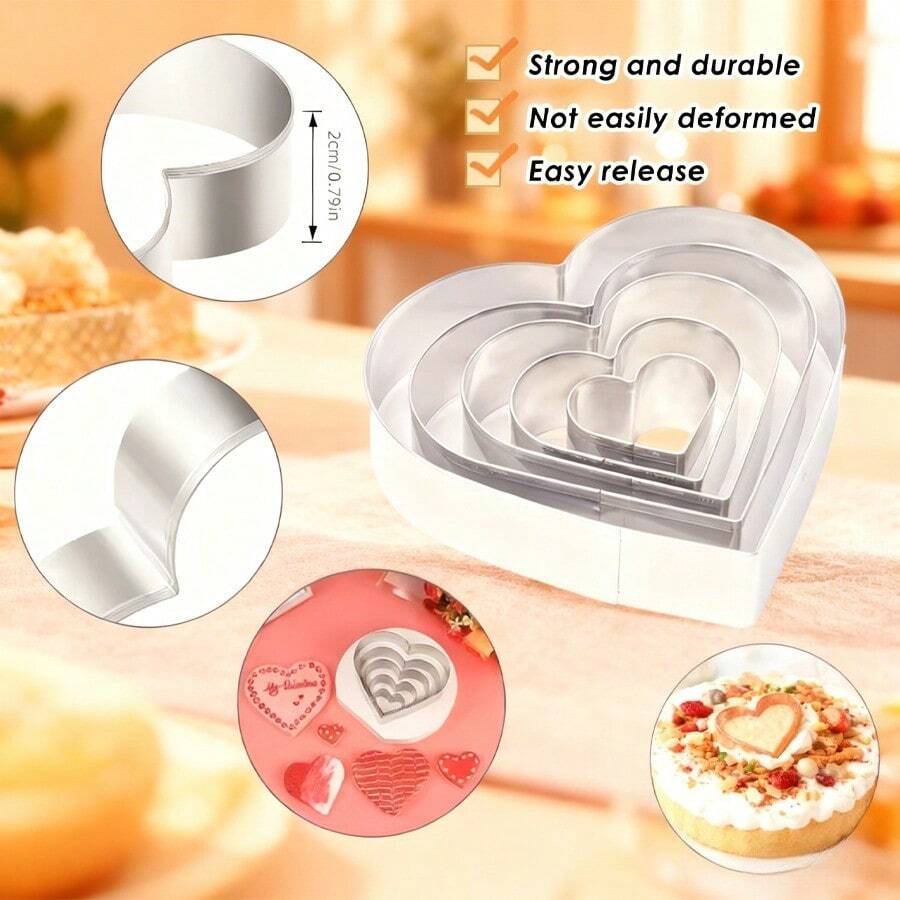 5件套不锈钢心形蛋糕模具，不锈钢家用烘焙工具，适用于饼干和糕点，水果切割模具 - 銀色 - 查看 1