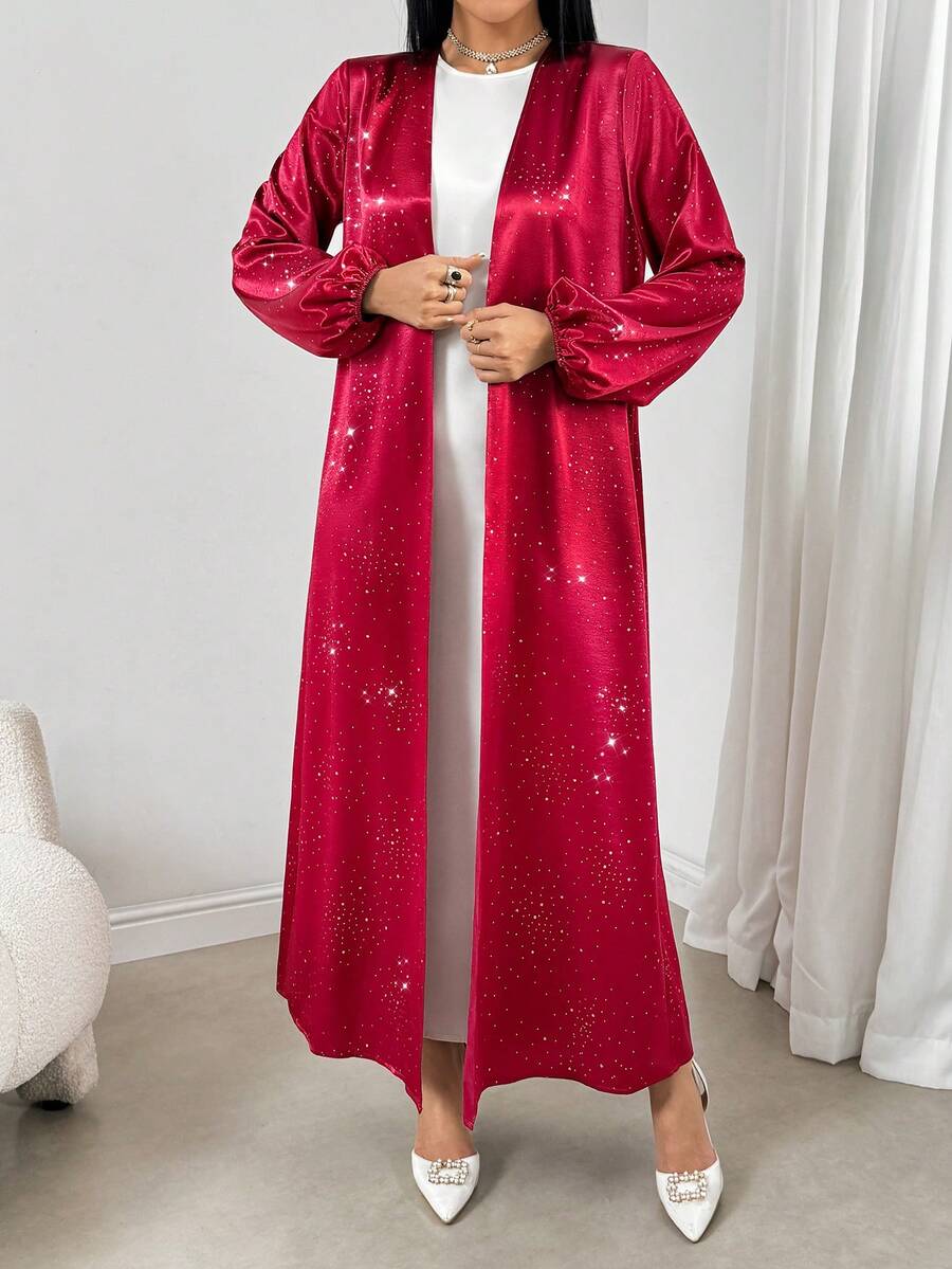 Women's Sparkly Lantern Sleeve Long Loose Red Satin Arabic Abaya Robe,Party Outfit,Elegant Cardigan For Party,New Year's Eve Abaya,Valentine's Outfit,New Year Outfit