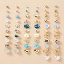 Girls Party Earring Set 30 Pairs Faux Pearl With Crystal Flower Leaf Design For Teens Gift - Gold - View 3