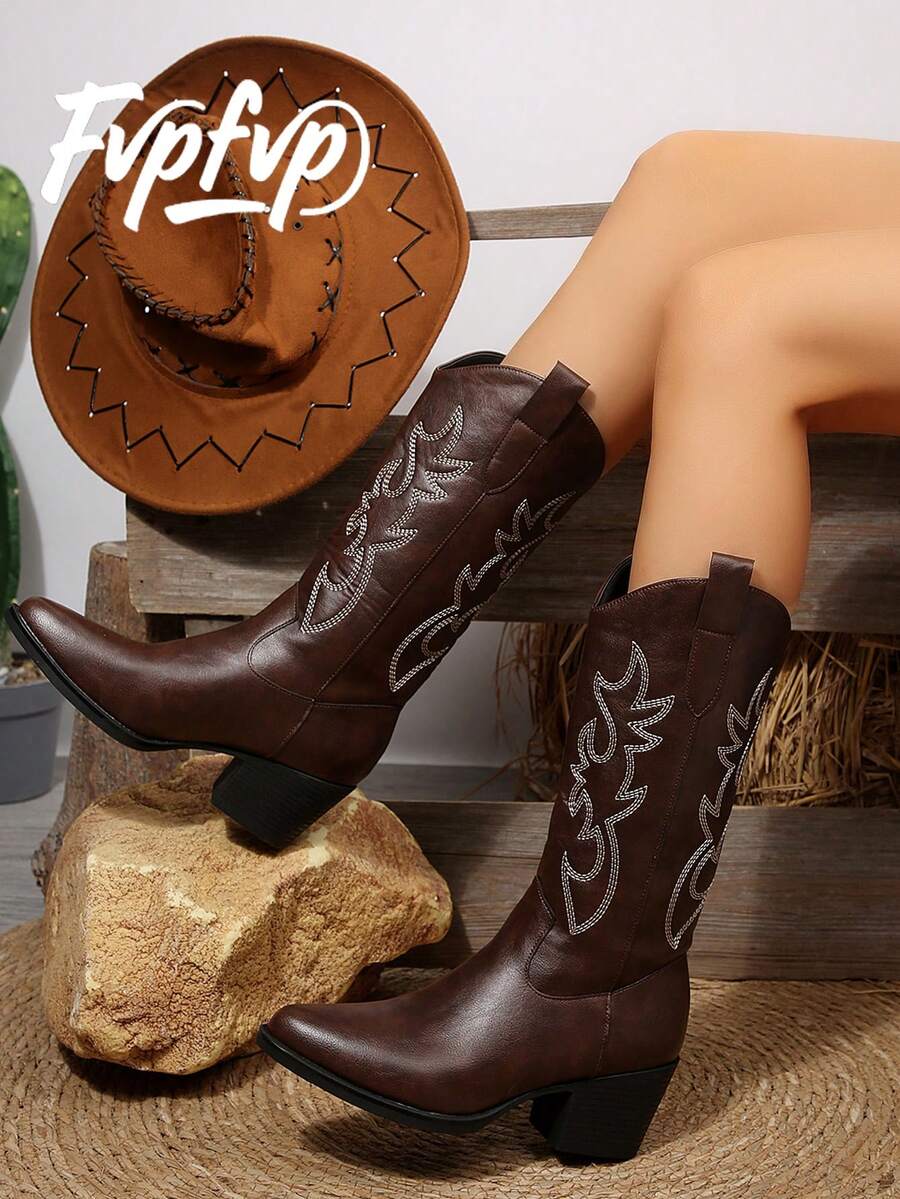 FVPFVP Inspired Embroidered Boots, European & American New Style Chunky Heel Increased Height Retro Knee-High Denim Boots For Women, - Coffee Brown - View 1